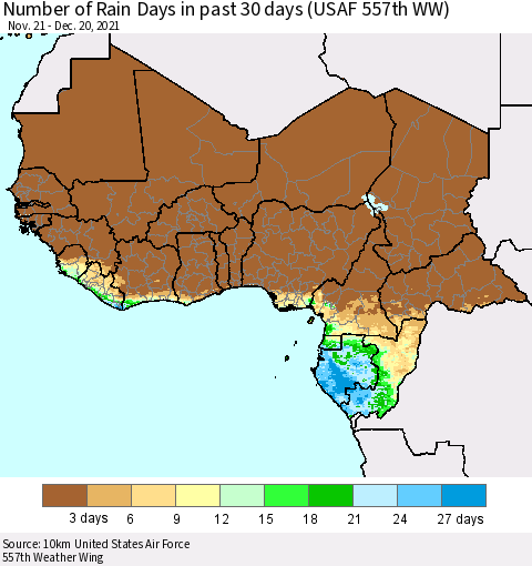 Western Africa Number of Rain Days in past 30 days (USAF 557th WW) 12/20/2021 Thematic Map For 12/16/2021 - 12/20/2021