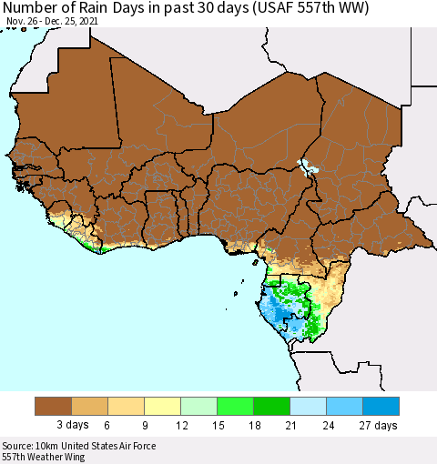 Western Africa Number of Rain Days in past 30 days (USAF 557th WW) 12/25/2021 Thematic Map For 12/21/2021 - 12/25/2021