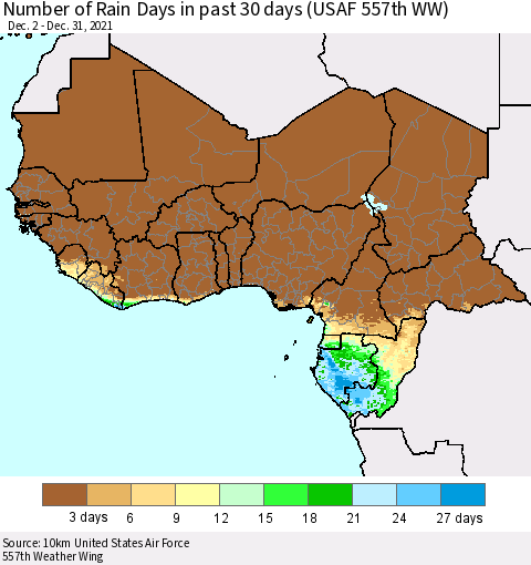 Western Africa Number of Rain Days in past 30 days (USAF 557th WW) 12/31/2021 Thematic Map For 12/26/2021 - 12/31/2021