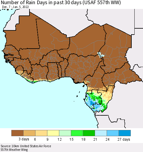 Western Africa Number of Rain Days in past 30 days (USAF 557th WW) 01/05/2022 Thematic Map For 1/1/2022 - 1/5/2022