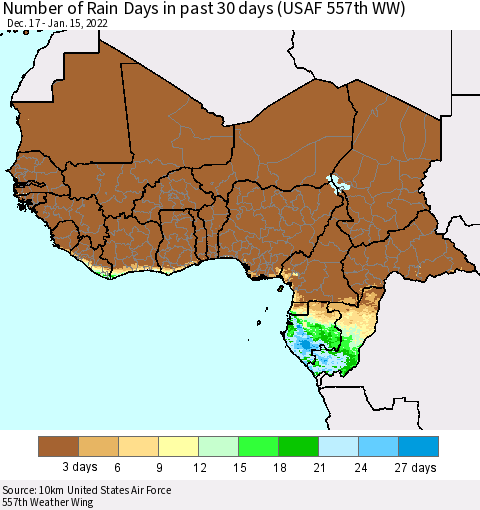Western Africa Number of Rain Days in past 30 days (USAF 557th WW) 01/15/2022 Thematic Map For 1/11/2022 - 1/15/2022