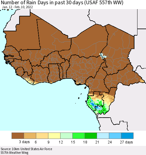 Western Africa Number of Rain Days in past 30 days (USAF 557th WW) 02/10/2022 Thematic Map For 2/6/2022 - 2/10/2022