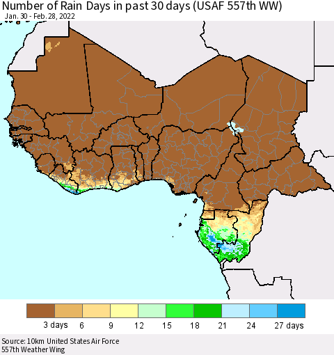 Western Africa Number of Rain Days in past 30 days (USAF 557th WW) 02/28/2022 Thematic Map For 2/26/2022 - 2/28/2022