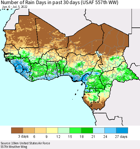 Western Africa Number of Rain Days in past 30 days (USAF 557th WW) 07/05/2022 Thematic Map For 7/1/2022 - 7/5/2022