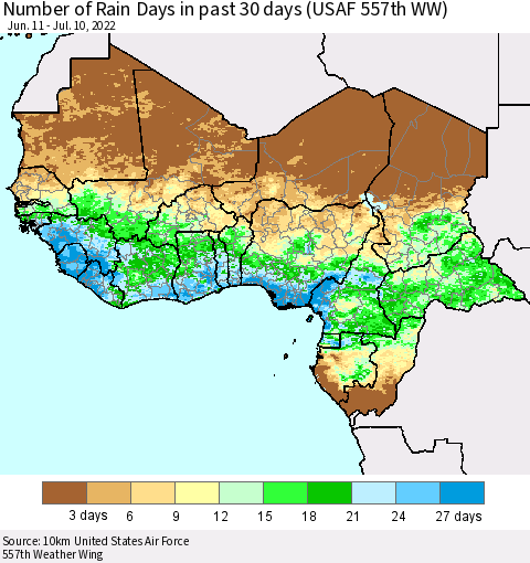 Western Africa Number of Rain Days in past 30 days (USAF 557th WW) 07/10/2022 Thematic Map For 7/6/2022 - 7/10/2022