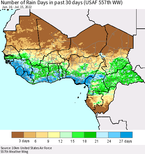 Western Africa Number of Rain Days in past 30 days (USAF 557th WW) 07/15/2022 Thematic Map For 7/11/2022 - 7/15/2022