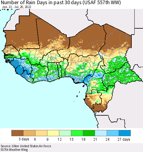Western Africa Number of Rain Days in past 30 days (USAF 557th WW) 07/20/2022 Thematic Map For 7/16/2022 - 7/20/2022