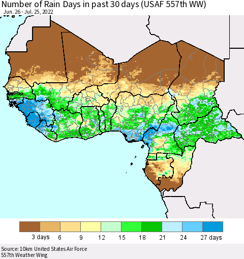 Western Africa Number of Rain Days in past 30 days (USAF 557th WW) 07/25/2022 Thematic Map For 7/21/2022 - 7/25/2022