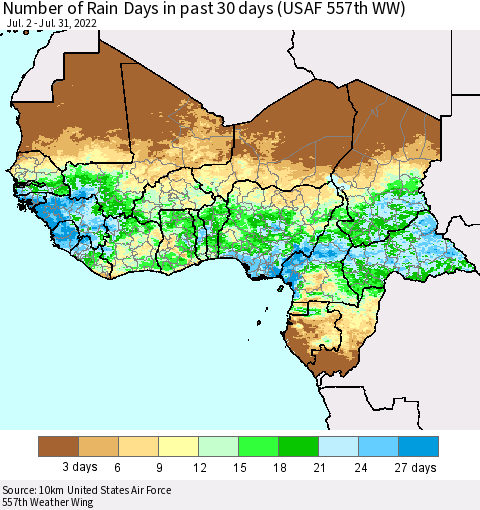 Western Africa Number of Rain Days in past 30 days (USAF 557th WW) 07/31/2022 Thematic Map For 7/26/2022 - 7/31/2022