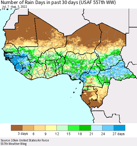 Western Africa Number of Rain Days in past 30 days (USAF 557th WW) 08/05/2022 Thematic Map For 8/1/2022 - 8/5/2022