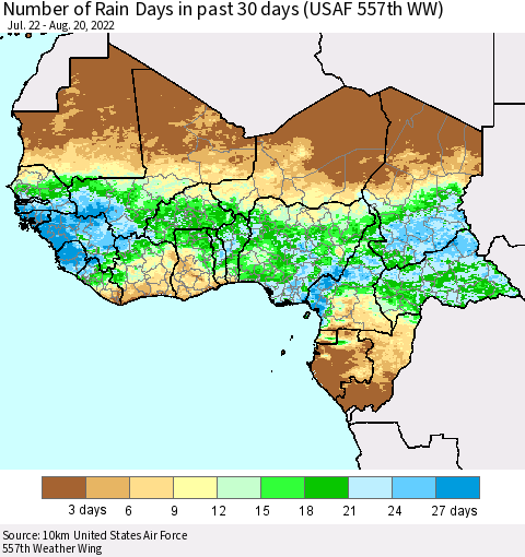 Western Africa Number of Rain Days in past 30 days (USAF 557th WW) 08/20/2022 Thematic Map For 8/16/2022 - 8/20/2022