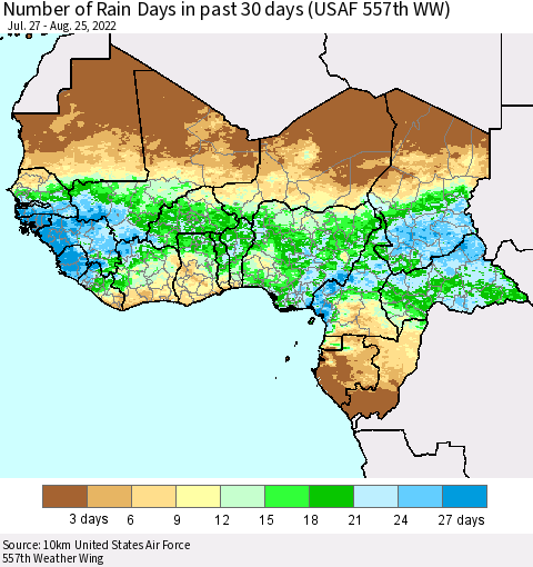 Western Africa Number of Rain Days in past 30 days (USAF 557th WW) 08/25/2022 Thematic Map For 8/21/2022 - 8/25/2022