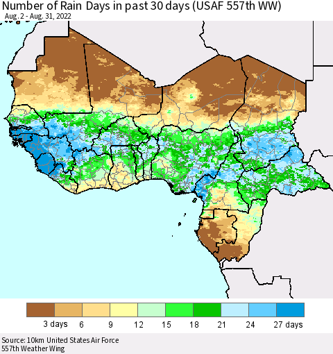 Western Africa Number of Rain Days in past 30 days (USAF 557th WW) 08/31/2022 Thematic Map For 8/26/2022 - 8/31/2022