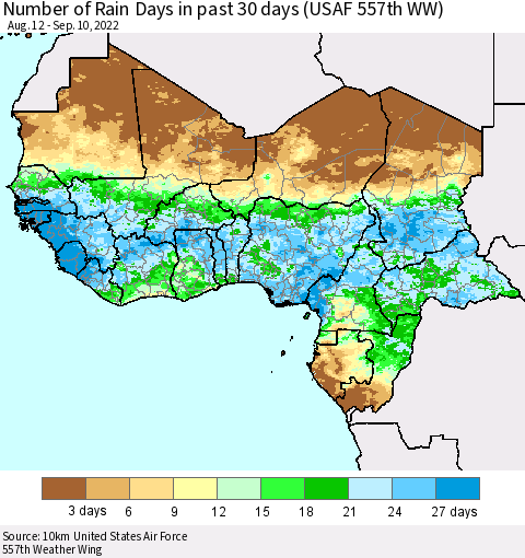 Western Africa Number of Rain Days in past 30 days (USAF 557th WW) 09/10/2022 Thematic Map For 9/6/2022 - 9/10/2022