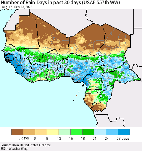Western Africa Number of Rain Days in past 30 days (USAF 557th WW) 09/15/2022 Thematic Map For 9/11/2022 - 9/15/2022