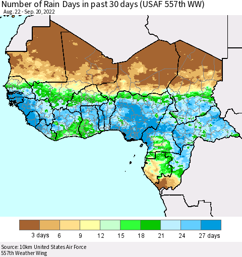 Western Africa Number of Rain Days in past 30 days (USAF 557th WW) 09/20/2022 Thematic Map For 9/16/2022 - 9/20/2022