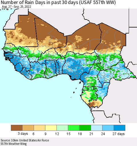 Western Africa Number of Rain Days in past 30 days (USAF 557th WW) 09/25/2022 Thematic Map For 9/21/2022 - 9/25/2022