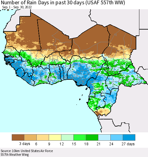Western Africa Number of Rain Days in past 30 days (USAF 557th WW) 09/30/2022 Thematic Map For 9/26/2022 - 9/30/2022