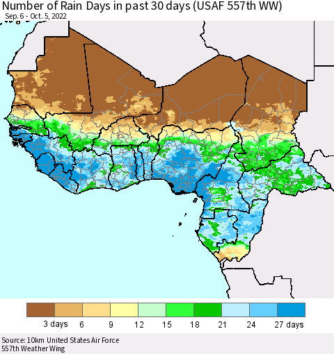 Western Africa Number of Rain Days in past 30 days (USAF 557th WW) 10/05/2022 Thematic Map For 10/1/2022 - 10/5/2022