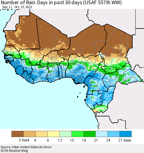 Western Africa Number of Rain Days in past 30 days (USAF 557th WW) 10/10/2022 Thematic Map For 10/6/2022 - 10/10/2022