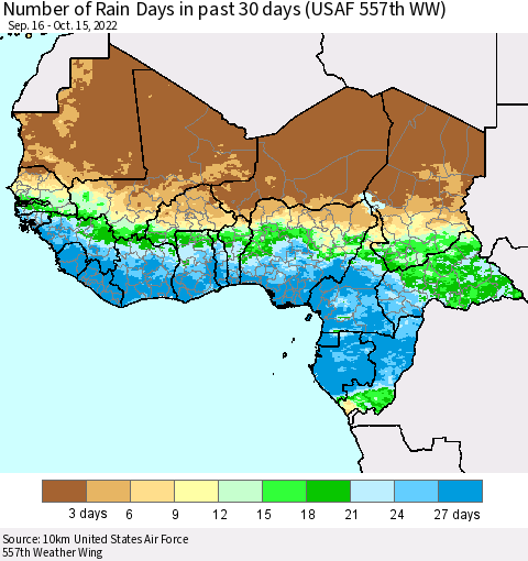 Western Africa Number of Rain Days in past 30 days (USAF 557th WW) 10/15/2022 Thematic Map For 10/11/2022 - 10/15/2022