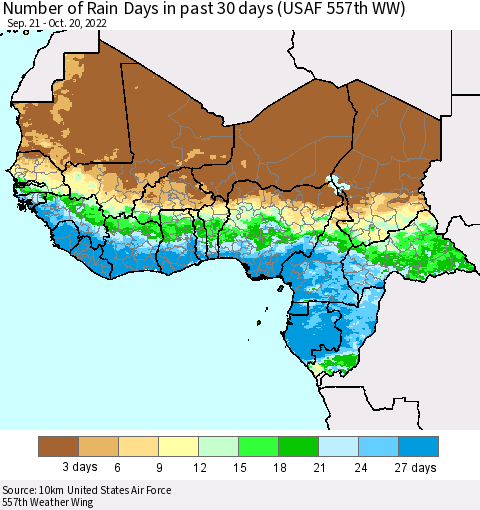 Western Africa Number of Rain Days in past 30 days (USAF 557th WW) 10/20/2022 Thematic Map For 10/16/2022 - 10/20/2022