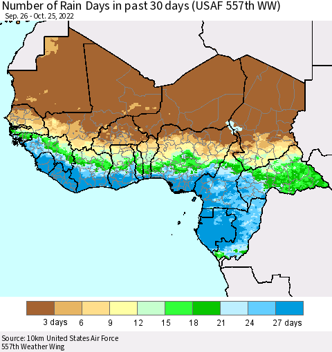 Western Africa Number of Rain Days in past 30 days (USAF 557th WW) 10/25/2022 Thematic Map For 10/21/2022 - 10/25/2022