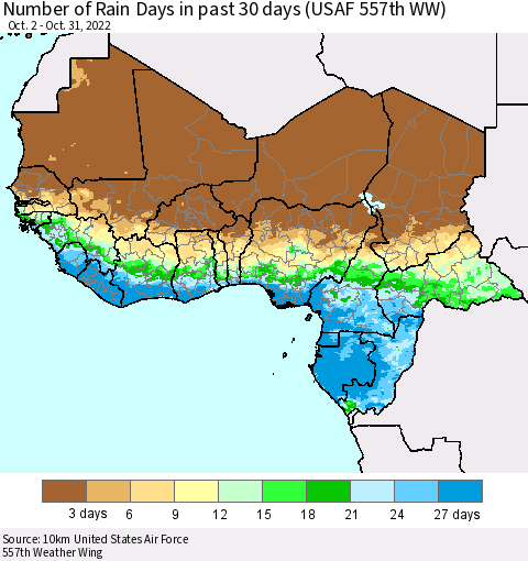 Western Africa Number of Rain Days in past 30 days (USAF 557th WW) 10/31/2022 Thematic Map For 10/26/2022 - 10/31/2022