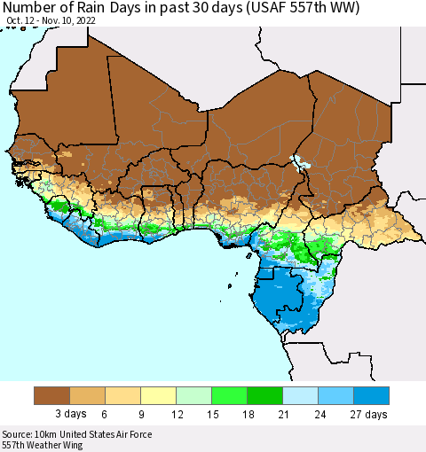 Western Africa Number of Rain Days in past 30 days (USAF 557th WW) 11/10/2022 Thematic Map For 11/6/2022 - 11/10/2022