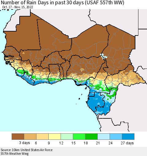 Western Africa Number of Rain Days in past 30 days (USAF 557th WW) 11/15/2022 Thematic Map For 11/11/2022 - 11/15/2022