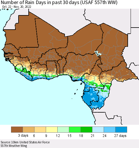 Western Africa Number of Rain Days in past 30 days (USAF 557th WW) 11/20/2022 Thematic Map For 11/16/2022 - 11/20/2022