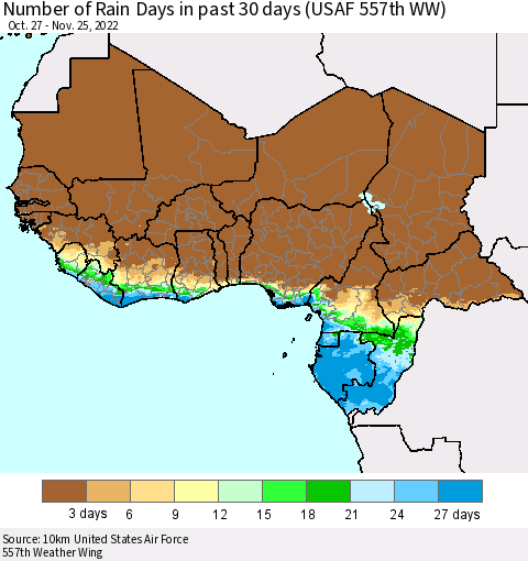 Western Africa Number of Rain Days in past 30 days (USAF 557th WW) 11/25/2022 Thematic Map For 11/21/2022 - 11/25/2022
