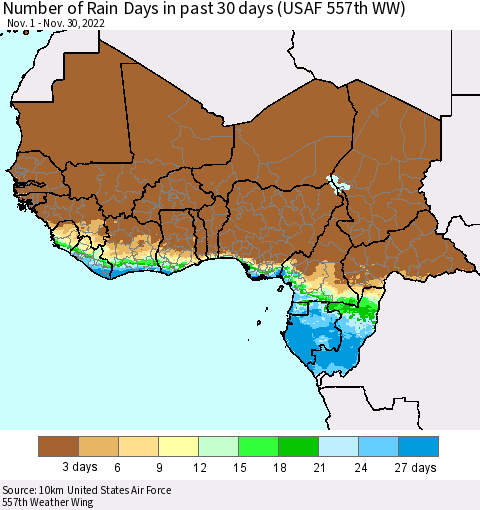 Western Africa Number of Rain Days in past 30 days (USAF 557th WW) 11/30/2022 Thematic Map For 11/26/2022 - 11/30/2022