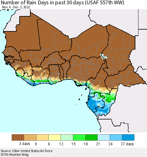 Western Africa Number of Rain Days in past 30 days (USAF 557th WW) 12/05/2022 Thematic Map For 12/1/2022 - 12/5/2022