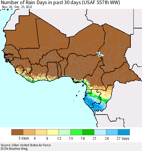 Western Africa Number of Rain Days in past 30 days (USAF 557th WW) 12/25/2022 Thematic Map For 12/21/2022 - 12/25/2022
