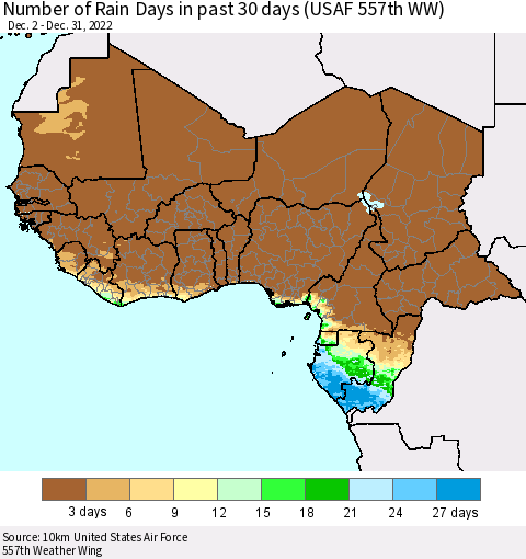Western Africa Number of Rain Days in past 30 days (USAF 557th WW) 12/31/2022 Thematic Map For 12/26/2022 - 12/31/2022