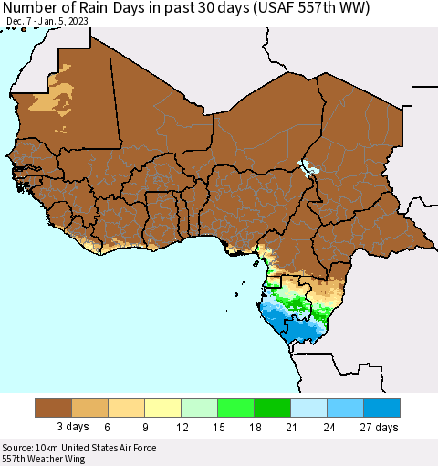 Western Africa Number of Rain Days in past 30 days (USAF 557th WW) 01/05/2023 Thematic Map For 1/1/2023 - 1/5/2023