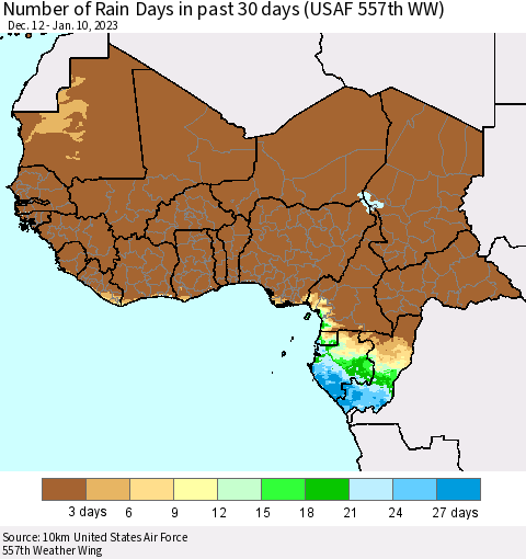 Western Africa Number of Rain Days in past 30 days (USAF 557th WW) 01/10/2023 Thematic Map For 1/6/2023 - 1/10/2023