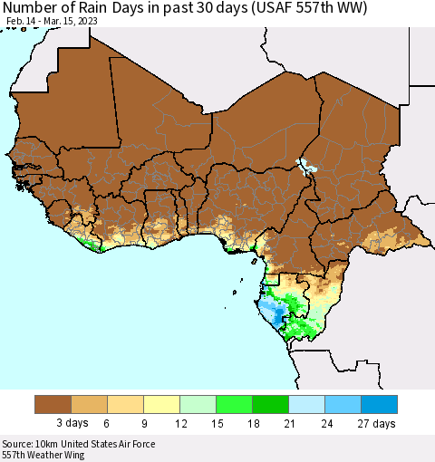 Western Africa Number of Rain Days in past 30 days (USAF 557th WW) 03/15/2023 Thematic Map For 3/11/2023 - 3/15/2023