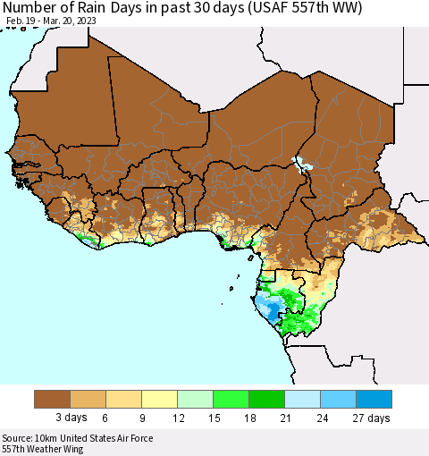 Western Africa Number of Rain Days in past 30 days (USAF 557th WW) 03/20/2023 Thematic Map For 3/16/2023 - 3/20/2023