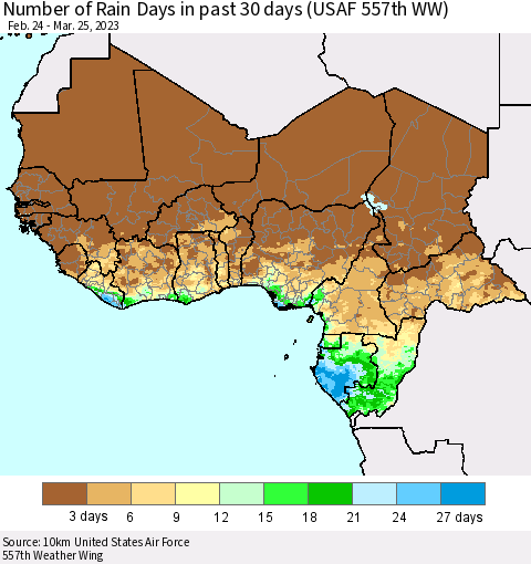 Western Africa Number of Rain Days in past 30 days (USAF 557th WW) 03/25/2023 Thematic Map For 3/21/2023 - 3/25/2023