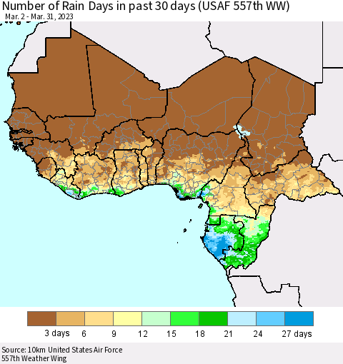 Western Africa Number of Rain Days in past 30 days (USAF 557th WW) 03/31/2023 Thematic Map For 3/26/2023 - 3/31/2023