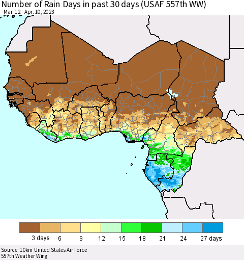 Western Africa Number of Rain Days in past 30 days (USAF 557th WW) 04/10/2023 Thematic Map For 4/6/2023 - 4/10/2023