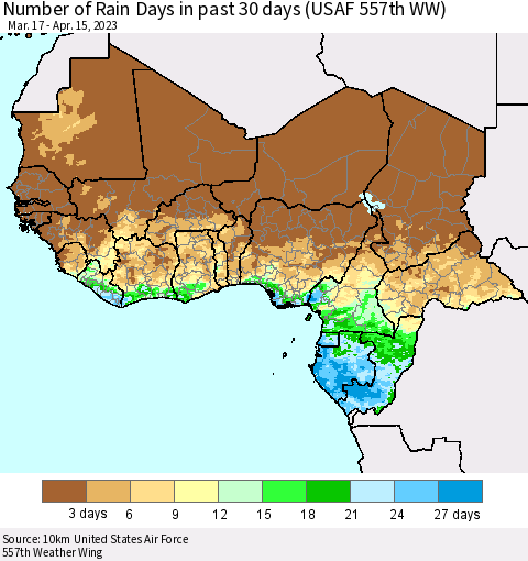 Western Africa Number of Rain Days in past 30 days (USAF 557th WW) 04/15/2023 Thematic Map For 4/11/2023 - 4/15/2023