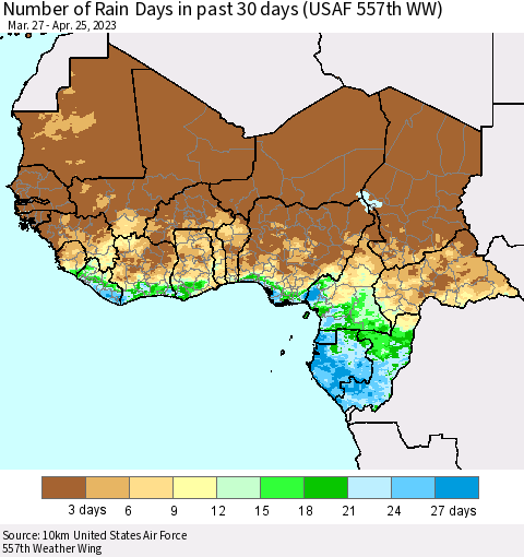 Western Africa Number of Rain Days in past 30 days (USAF 557th WW) 04/25/2023 Thematic Map For 4/21/2023 - 4/25/2023