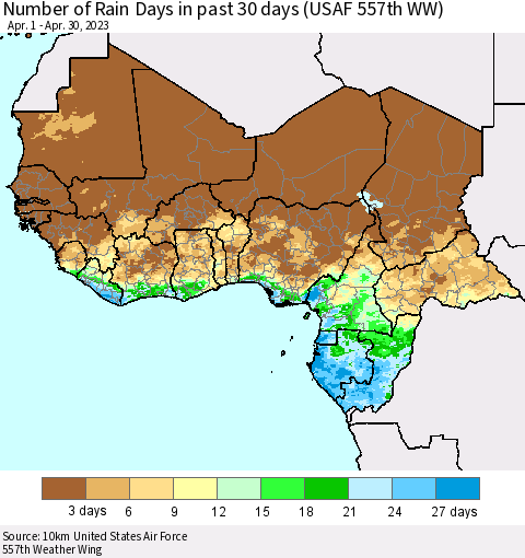 Western Africa Number of Rain Days in past 30 days (USAF 557th WW) 04/30/2023 Thematic Map For 4/26/2023 - 4/30/2023