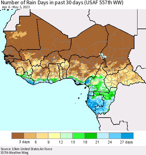 Western Africa Number of Rain Days in past 30 days (USAF 557th WW) 05/05/2023 Thematic Map For 5/1/2023 - 5/5/2023