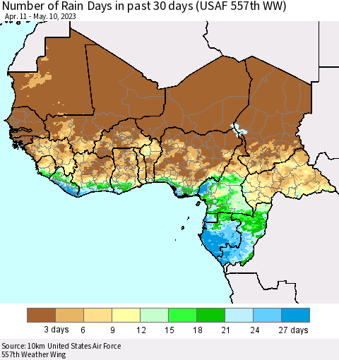 Western Africa Number of Rain Days in past 30 days (USAF 557th WW) 05/10/2023 Thematic Map For 5/6/2023 - 5/10/2023