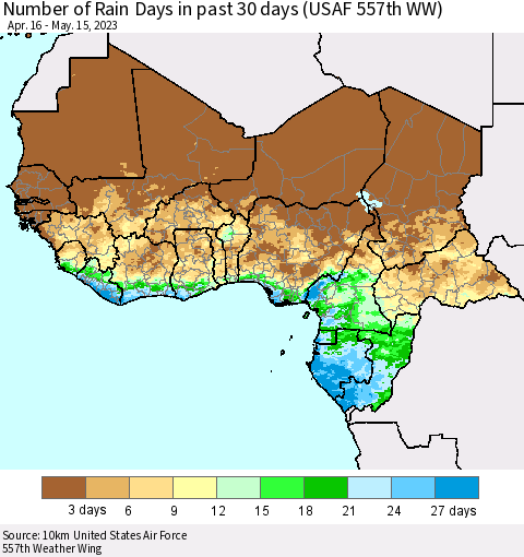 Western Africa Number of Rain Days in past 30 days (USAF 557th WW) 05/15/2023 Thematic Map For 5/11/2023 - 5/15/2023