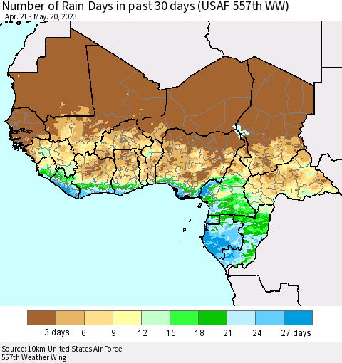Western Africa Number of Rain Days in past 30 days (USAF 557th WW) 05/20/2023 Thematic Map For 5/16/2023 - 5/20/2023